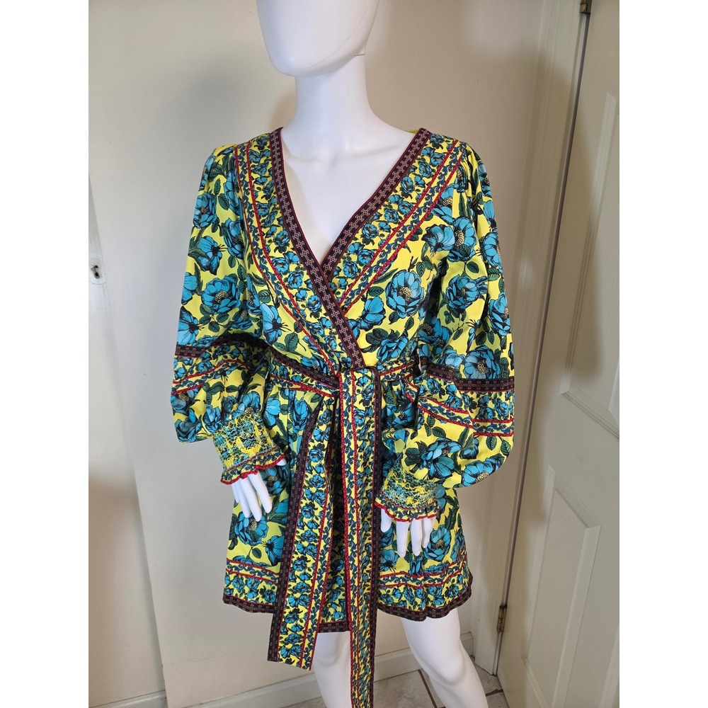 Alice + Olivia Yellow Blue Floral Puff Sleeve Mini Dress CC111P12503 Size 4